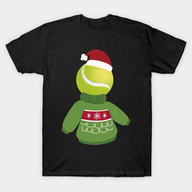 Tennis Ball with a Funny Sweater and Christmas Hat T-Shirt by geekandgamerstore